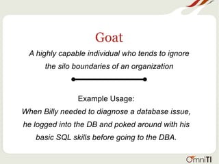 Goat
A highly capable individual who tends to ignore
the silo boundaries of an organization
Example Usage:
When Billy needed to diagnose a database issue,
he logged into the DB and poked around with his
basic SQL skills before going to the DBA.
 