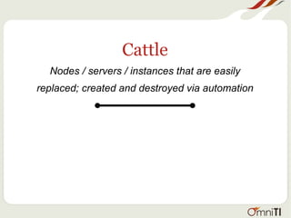 Cattle
Nodes / servers / instances that are easily
replaced; created and destroyed via automation
 