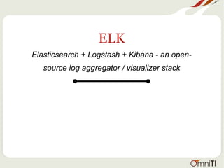 ELK
Elasticsearch + Logstash + Kibana - an open-
source log aggregator / visualizer stack
 