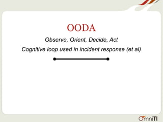 OODA
Observe, Orient, Decide, Act
Cognitive loop used in incident response (et al)
 