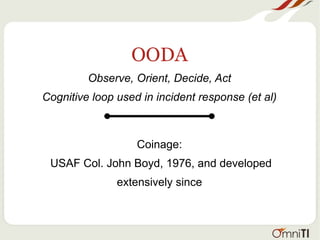 OODA
Observe, Orient, Decide, Act
Cognitive loop used in incident response (et al)
Coinage:
USAF Col. John Boyd, 1976, and developed
extensively since
 