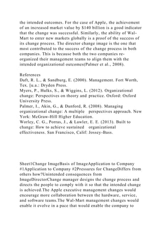 the intended outcomes. For the case of Apple‚ the achievement
of an increased market value by $140 billion is a good indicator
that the change was successful. Similarly‚ the ability of Wal-
Mart to enter new markets globally is a proof of the success of
its change process. The director change image is the one that
most contributed to the success of the change process in both
companies. This is because both the two companies re-
organized their management teams to align them with the
intended organizational outcomes(Palmer et al.‚ 2008).
References
Daft, R. L., & Sandburg, E. (2000). Management. Fort Worth,
Tex. [u.a.: Dryden Press.
Myers, P., Hulks, S., & Wiggins, L. (2012). Organizational
change: Perspectives on theory and practice. Oxford: Oxford
University Press.
Palmer, I., Akin, G., & Dunford, R. (2008). Managing
organizational change: A multiple perspectives approach. New
York: McGraw-Hill Higher Education.
Worley, C. G., Porras, J., & Lawler, E. E. (2013). Built to
change: How to achieve sustained organizational
effectiveness. San Francisco, Calif: Jossey-Bass.
Sheet1Change ImageBasis of ImageApplication to Company
#1Application to Company #2Pressures for ChangeDiffers from
others how?Unintended consequences from
ImageDirectorChange manager designs the change process and
directs the people to comply with it so that the intended change
is achieved.The Apple executive management changes would
encourage more collaboration between the hardware‚ service‚
and software teams.The Wal-Mart management changes would
enable it evolve in a pace that would enable the company to
 