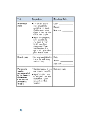 52
Test Instructions Results or Dates
Dilated eye
exam
•	See an eye doctor
once a year for a
complete eye exam
that includes using
drops in your eyes to
dilate your pupils.
•	If you are pregnant,
have a complete
eye exam in your
first 3 months of
pregnancy. Have
another complete
eye exam 1 year after
your baby is born.
Date: ______________
Result: _____________
Next test: ___________
Dental exam •	See your dentist twice
a year for a cleaning
and checkup.
Date: ______________
Result: _____________
Next test: ___________
Pneumonia
vaccine
(recommended
by the Centers
for Disease
Control and
Prevention
[CDC])
•	Get the vaccine if you
are younger than 64.
•	If you’re older than
64 and your shot was
more than 5 years
ago, get another
vaccine.
Date received:
____________________
 