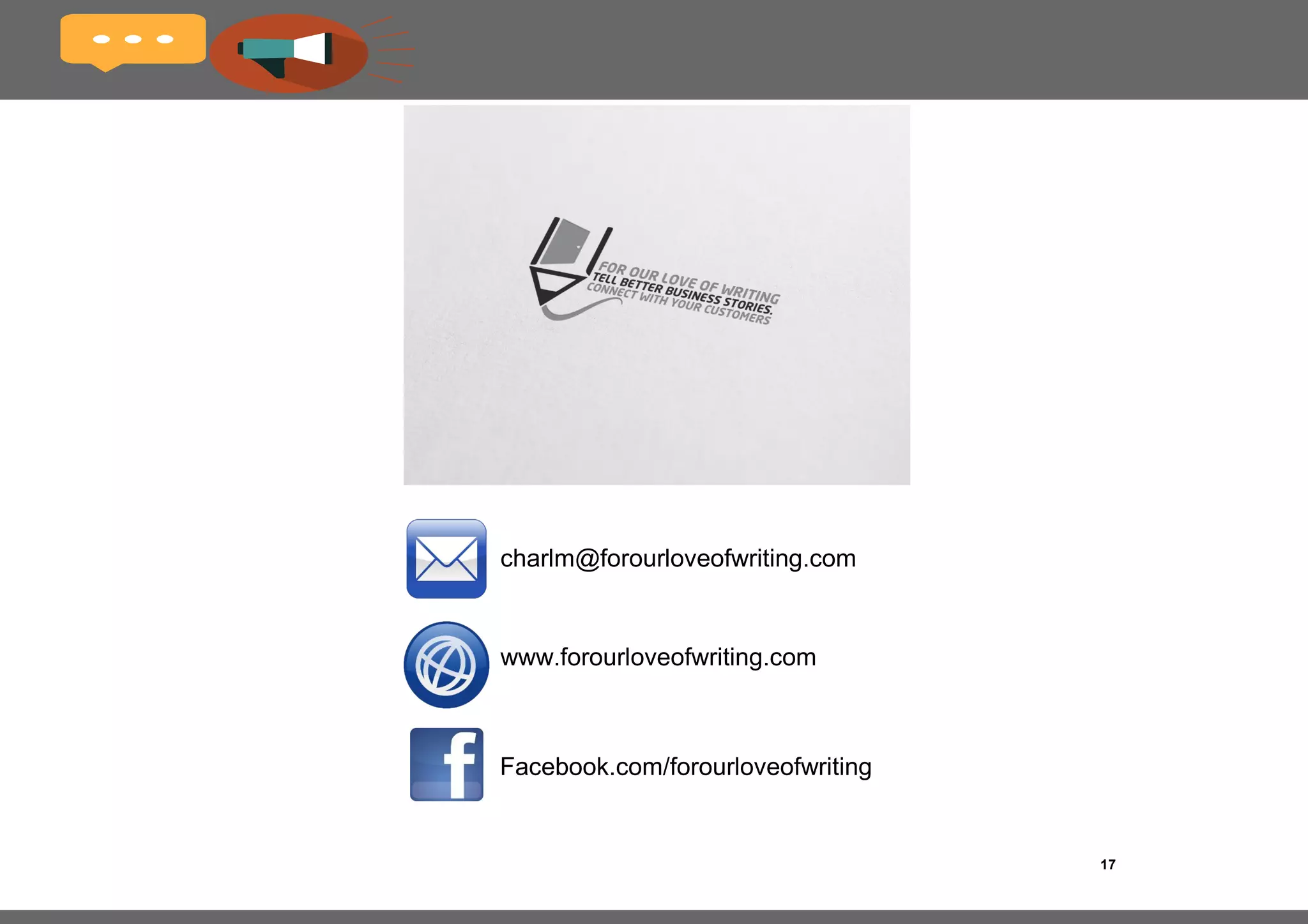 17
Photo credits
Copyright: garagestock / 123RF Stock Photo
Copyright: andreycherkasov / 123RF Stock 
Photo
Copyright: alphaspirit / 123RF Stock Photo
 