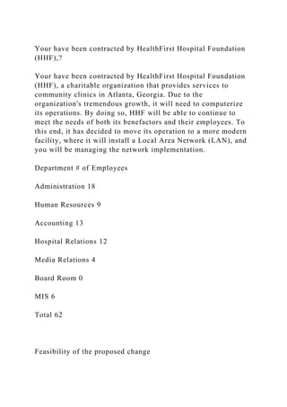 Your have been contracted by HealthFirst Hospital Foundation
(HHF),?
Your have been contracted by HealthFirst Hospital Foundation
(HHF), a charitable organization that provides services to
community clinics in Atlanta, Georgia. Due to the
organization's tremendous growth, it will need to computerize
its operations. By doing so, HHF will be able to continue to
meet the needs of both its benefactors and their employees. To
this end, it has decided to move its operation to a more modern
facility, where it will install a Local Area Network (LAN), and
you will be managing the network implementation.
Department # of Employees
Administration 18
Human Resources 9
Accounting 13
Hospital Relations 12
Media Relations 4
Board Room 0
MIS 6
Total 62
Feasibility of the proposed change
 