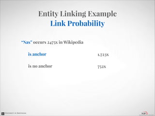 Entity Linking Example
Link Probability
“Nas” occurs 2475x in Wikipedia

!

is anchor

1.723x

is no anchor

752x

 