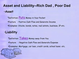 Asset and Liability--Rich Dad , Poor Dad
•Asset
  ●
   Definition:      Puts Money in Your Pocket
  ●
   Feature : Positive Cash Flow and Generate Income
  ●
   Examples: Stocks, bonds, notes, real estate, business, IP etc.


•Liability
   ●
      Definition:   Takes Money away from You
   ●
      Feature : Negative Cash Flow and Generate Expense
   ●
      Examples: Mortgage, car loan, credit cards, school loans etc.
 