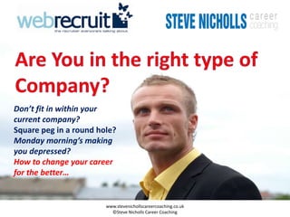 Don’t fit in within your
current company?
Square peg in a round hole?
Monday morning’s making
you depressed?
How to change your career
for the better…


                        www.stevenichollscareercoaching.co.uk
                          ©Steve Nicholls Career Coaching
 