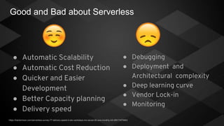 Good and Bad about Serverless
● Automatic Scalability
● Automatic Cost Reduction
● Quicker and Easier
Development
● Better Capacity planning
● Delivery speed
● Debugging
● Deployment and
Architectural complexity
● Deep learning curve
● Vendor Lock-in
● Monitoring
https://hackernoon.com/serverless-survey-77-delivery-speed-4-dev-workdays-mo-saved-26-aws-monthly-bill-d99174f70663
 