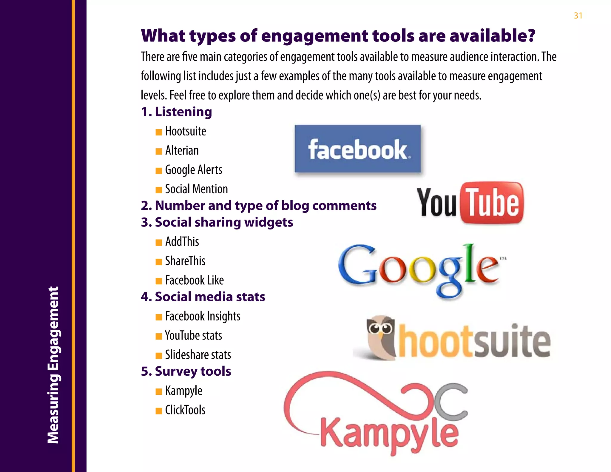 31

                       What types of engagement tools are available?
                       There are five main categories of engagement tools available to measure audience interaction. The
                       following list includes just a few examples of the many tools available to measure engagement
                       levels. Feel free to explore them and decide which one(s) are best for your needs.
                       1. Listening
                           ■ Hootsuite
                           ■ Alterian
                           ■ Google Alerts
                           ■ Social Mention
                       2. Number and type of blog comments
                       3. Social sharing widgets
                           ■ AddThis
                           ■ ShareThis
                           ■ Facebook Like
Measuring Engagement




                       4. Social media stats
                           ■ Facebook Insights
                           ■ YouTube stats
                           ■ Slideshare stats
                       5. Survey tools
                           ■ Kampyle
                           ■ ClickTools
 