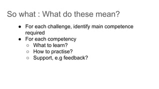 So what : What do these mean?
● For each challenge, identify main competence
required
● For each competency
○ What to learn?
○ How to practise?
○ Support, e.g feedback?
 