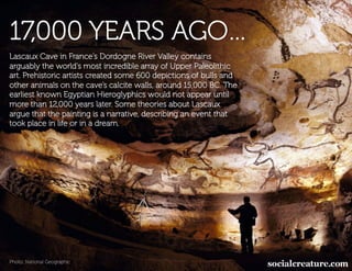 17,000 YEARS AGO…
Lascaux Cave in France's Dordogne River Valley contains
arguably the world's most incredible array of Upper Paleolithic
art. Prehistoric artists created some 600 depictions of bulls and
other animals on the cave’s calcite walls, around 15,000 BC. The
earliest known Egyptian Hieroglyphics would not appear until
more than 12,000 years later. Some theories about Lascaux
argue that the painting is a narrative, describing an event that
took place in life or in a dream.




Photo: National Geographic
 