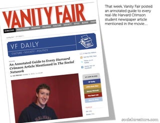 That week, Vanity Fair posted
an annotated guide to every
real-life Harvard Crimson
student newspaper article
mentioned in the movie….
 