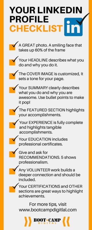 For more tips, visit
www.bootcampdigitlal.com
A GREAT photo. A smiling face that
takes up 60% of the frame
Your HEADLINE describes what you
do and why you do it.
The COVER IMAGE is customized, It
sets a tone for your page.
Your SUMMARY clearly describes
what you do and why you are
awesome. Use bullet points to make
it pop!
The FEATURED SECTION highlights
your accomplishments.
Your EXPERIENCE is fully complete
and highlights tangible
accomplishments.
Your EDUCATION includes
professional certificates.
Give and ask for
RECOMMENDATIONS. 5 shows
professionalism.
Any VOLUNTEER work builds a
deeper connection and should be
included.
Your CERTIFICATIONS and OTHER
sections are great ways to highlight
achievements.
 