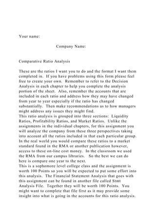 Your name:
Company Name:
Comparative Ratio Analysis
These are the ratios I want you to do and the format I want them
completed in. If you have problems using this form please feel
free to create your own. Remember to refer to the Decision
Analysis in each chapter to help you complete the analysis
portion of the sheet. Also, remember the accounts that are
included in each ratio and address how they may have changed
from year to year especially if the ratio has changed
substantially. Then make recommendations as to how managers
might address any issues they might find.
This ratio analysis is grouped into three sections: Liquidity
Ratios, Profitability Ratios, and Market Ratios. Unlike the
assignments in the individual chapters, for this assignment you
will analyze the company from these three perspectives taking
into account all the ratios included in that each particular group.
In the real world you would compare these ratios to a market
standard found in the RMA or another publication however,
access to these on-line cost money. In the classroom we used
the RMA from our campus libraries. So the best we can do
here is compare one year to the next.
This is a sophomore level college class and the assignment is
worth 100 Points so you will be expected to put some effort into
this analysis. The Financial Statement Analysis that goes with
this assignment can be found in another file called Stmt
Analysis File. Together they will be worth 100 Points. You
might want to complete that file first as it may provide some
insight into what is going in the accounts for this ratio analysis.
 