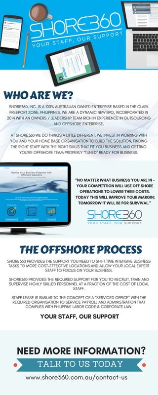 WHOAREWE?
SHORE360, INC. IS A 100% AUSTRALIAN OWNED ENTERPRISE BASED IN THE CLARK
FREEPORT ZONE, PHILIPPINES. WE ARE A DYNAMIC NEW BPO, INCORPORATED IN
2014 WITH AN OWNERS / LEADERSHIP TEAM RICH IN EXPERIENCE IN OUTSOURCING
AND OFFSHORE ENTERPRISE.
AT SHORE360 WE DO THINGS A LITTLE DIFFERENT. WE INVEST IN WORKING WITH
YOU AND YOUR HOME BASE ORGANISATION TO BUILD THE SOLUTION, FINDING
THE RIGHT STAFF WITH THE RIGHT SKILLS THAT FIT YOU BUSINESS AND GETTING
YOU’RE OFFSHORE TEAM PROPERLY “TUNED” READY FOR BUSINESS.
“NO MATTER WHAT BUSINESS YOU ARE IN –
YOUR COMPETITION WILL USE OFF SHORE
OPERATIONS TO LOWER THEIR COSTS.
 TODAY THIS WILL IMPROVE YOUR MARGIN;
TOMORROW IT WILL BE FOR SURVIVAL.”
THEOFFSHOREPROCESS
SHORE360 PROVIDES THE SUPPORT YOU NEED TO SHIFT TIME INTENSIVE BUSINESS
TASKS TO MORE COST-EFFECTIVE LOCATIONS AND ALLOW YOUR LOCAL EXPERT
STAFF TO FOCUS ON YOUR BUSINESS.
SHORE360 PROVIDES THE REQUIRED SUPPORT FOR YOU TO RECRUIT, TRAIN AND
SUPERVISE HIGHLY SKILLED PERSONNEL AT A FRACTION OF THE COST OF LOCAL
STAFF.
STAFF LEASE IS SIMILAR TO THE CONCEPT OF A “SERVICED OFFICE” WITH THE
REQUIRED ORGANISATION TO SERVICE PAYROLL AND ADMINISTRATION THAT
COMPLIES WITH PHILIPPINE LABOR CODE & CORPORATE LAW.
YOUR STAFF, OUR SUPPORT
NEED MORE INFORMATION?
TALK TO US TODAY
www.shore360.com.au/contact-us
 