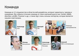 Александр
CEO
Дмитрий
РМ
Команда
программистов
Леонид
Консультант
Александр
Маркетинг и
Реклама
Алексей
SEO и оптимизация
 