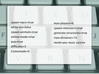 spawn-npcs=true
white-list=false
spawn-animals=true
online-mode=true
pvp=true
difficulty=3
Gamemode=0
max-players=6
spawn-monsters=true
generate-structures=true
view-distance=10
motd=you must survive
 