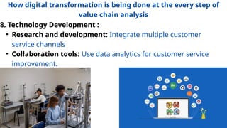 8. Technology Development :
• Research and development: Integrate multiple customer
service channels
• Collaboration tools: Use data analytics for customer service
improvement.
How digital transformation is being done at the every step of
value chain analysis
 