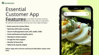 Essential
Customer App
Features
Customer-facing food delivery app must deliver frictionless ordering,
real-time tracking, and seamless payment. Every feature is engineered
for retention and conversion, ensuring users return again and again.
• Smart search & cuisine filters
• Real-time GPS order tracking
• Secure multi-payment (card, UPI, wallet, COD)
• Push notifications & loyalty alerts
• Ratings & reviews system
• In-app live chat support
• Reorder & favourites
• Referral & rewards engine
Callout: Apps with real-time tracking see 28% higher repeat order
rates.
 