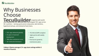 • 150+ apps delivered globally
• 8+ years in food-tech
development
• 98% client satisfaction score
• 40+ dedicated developers
• PCI DSS & GDPR compliant
• Agile sprints with weekly
demos
• Post-launch growth &
maintenance plans
Why Businesses
Choose
TecuBuilder
TecuBuilder combines deep food-tech domain expertise with world-
class engineering. Our dedicated team has shipped 150+ apps across
30+ countries — serving quick-service restaurants, dark kitchens,
hyperlocal startups, and enterprise food chains.
Callout: Clients average 4.7 app store ratings within 3
★
months of launch.
 