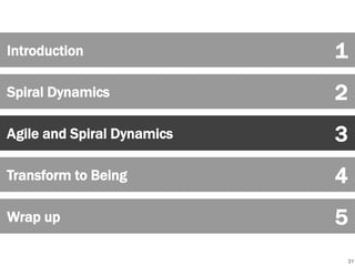 31 
Introduction 1 
Spiral Dynamics 
Agile and Spiral Dynamics 
Transform to Being 
Wrap up 
2 
3 
4 
5 
 