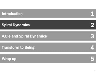 7 
Introduction 1 
Spiral Dynamics 
Agile and Spiral Dynamics 
Transform to Being 
Wrap up 
2 
3 
4 
5 
 