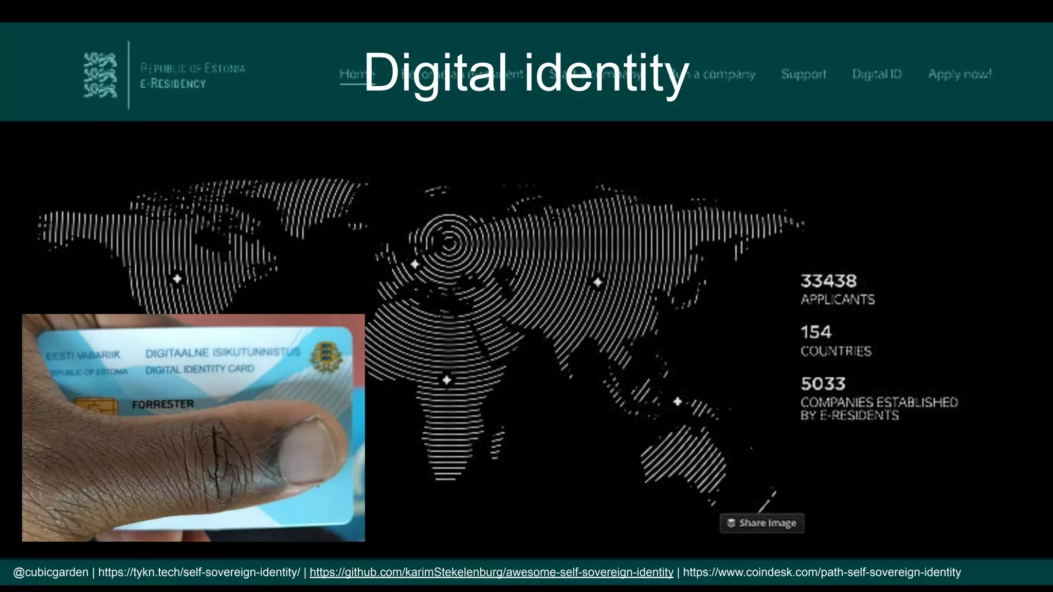 Digital identity
@cubicgarden | https://tykn.tech/self-sovereign-identity/ | https://github.com/karimStekelenburg/awesome-self-sovereign-identity | https://www.coindesk.com/path-self-sovereign-identity
 