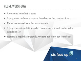 PLONE WORKFLOW
➤ A content item has a state


➤ Every state de
fi
nes who can do what to the content item


➤ There are transitions between states


➤ Every transition de
fi
nes who can execute it and under what
condition(s)


➤ Security is applied consistently per-item, per-state, per-transition
24
 