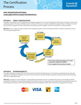 EMV MIGRATION OPTIONS
AVAILABLE WITH CHASE PAYMENTECH:
OPTION 1: DIRECT CERTIFICATION
Complete customization of the POS application and payment application. This may be the logical choice for larger merchants and those with
proprietary systems. The direct certiﬁcation option is similar to the one you may have completed for magnetic stripe. In addition, for Class B
you will need to complete the EMV certiﬁcation for the brands you want to support. This kind of certiﬁcation is customer speciﬁc.
Beneﬁts: This is a choice for larger merchants with a proprietary system. Direct Certiﬁcation provides a complete customization of your
POS and payment applications.
OPTION 2: INTEROPERABILITY
This option leverages an existing EMV certiﬁcation which may shorten the testing process. In this option, you leverage the test cases and
application of the original certiﬁcation and conﬁrm that the results are identical. Usually, this option is selected by merchants that already
work with a middleware vendor.
Beneﬁts: Compared to a full certiﬁcation, interoperability may be faster and more cost effective because you can leverage an already
existing EMV certiﬁcation. Assuming that changes to the systems are minor, testing can be done using the same environment that was used
for the original certiﬁcation. Some merchants already work with a middleware vendor which may have an existing EMV certiﬁcation.
The Certiﬁcation
Process
Page 8
™® ®
EMV
readiness
validationSubmission
and review of
the scripts
Payment
Brand
Certification
Paperwork
completion
Class B
certification
1 2
3
4
5
1 to 2 weeks
8 to 12 weeks
4 to 8 weeks
2 weeks
2 to 4 weeks
EMV
readiness
validationSubmission
and review of
the scripts
Payment
Brand
Certification
Paperwork
completion
Class B
certification
1 2
3
4
5
1 to 2 weeks
8 to 12 weeks
4 to 8 weeks
2 weeks
2 to 4 weeks
If the review is failed during Step 4, the vendor
is required to update their software.
This is repeated as many times as needed.
The information contained in this EMV Reference Guide is provided by Chase Paymentech for general information purposes only
 