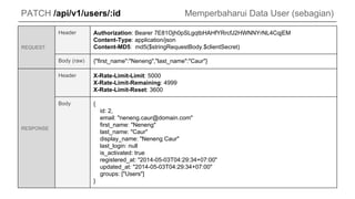 PATCH /api/v1/users/:id Memperbaharui Data User (sebagian)
REQUEST
Header Authorization: Bearer 7E81Ojh0pSLgqtbHAHfYRrcfJ2HWNNYrNL4CqjEM
Content-Type: application/json
Content-MD5: md5($stringRequestBody.$clientSecret)
Body (raw) {"first_name":"Neneng","last_name":"Caur"}
RESPONSE
Header X-Rate-Limit-Limit: 5000
X-Rate-Limit-Remaining: 4999
X-Rate-Limit-Reset: 3600
Body {
id: 2,
email: "neneng.caur@domain.com"
first_name: "Neneng"
last_name: "Caur"
display_name: "Neneng Caur"
last_login: null
is_activated: true
registered_at: "2014-05-03T04:29:34+07:00"
updated_at: "2014-05-03T04:29:34+07:00"
groups: ["Users"]
}
 