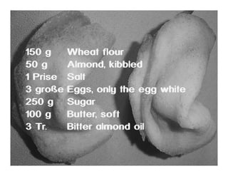 • Cookie Rezept

150 g
50 g
1 Prise
3 große
250 g
100 g
3 Tr.

Wheat flour
Almond, kibbled
Salt
Eggs, only the egg white
Sugar
Butter, soft
Bitter almond oil

 