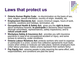 Laws that protect us
   Ontario Human Rights Code: no discrimination on the basis of sex,
    race, religion, sexual orientation, country of origin, disability, etc
   Employment Standards Act: covers minimum wages, hours of work,
    overtime, vacations and holidays, termination, etc
   Occupational Health & Safety Act: gives you the right to know
    about workplace hazards; to participate in decisions about hazards
    (through committees, representatives, safety inspections); and to
    refuse unsafe work
   Workplace Safety & Insurance Act: provides you with insurance
    payments in case of an occupational accident or injury, and some
    access to retraining, under conditions
   Ontario Labour Relations Act: protects workers who want to organize
    or participate in a union; covers how collective agreements must work;
    covers when strikes or lockouts can take place; restricts employers from
    unfair labour practices; makes unions represent their workers fairly)
   Pay Equity Act: ensures people in jobs requiring the same effort, skill,
    responsibilities, and conditions are paid the same
 