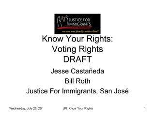 Know Your Rights: Voting Rights DRAFT Jesse Casta ñ eda Bill Roth Justice For Immigrants, San Jos é 