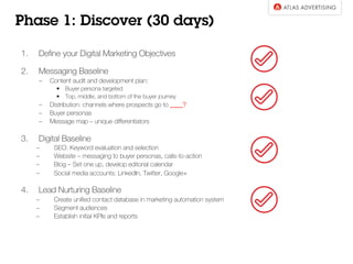 1.  Deﬁne your Digital Marketing Objectives
2.  Messaging Baseline
–  Content audit and development plan:
•  Buyer persona targeted
•  Top, middle, and bottom of the buyer journey
–  Distribution: channels where prospects go to ____?
–  Buyer personas
–  Message map – unique diﬀerentiators
3.  Digital Baseline
–  SEO: Keyword evaluation and selection
–  Website – messaging to buyer personas, calls-to-action
–  Blog – Set one up, develop editorial calendar
–  Social media accounts: LinkedIn, Twitter, Google+
4.  Lead Nurturing Baseline
–  Create uniﬁed contact database in marketing automation system
–  Segment audiences
–  Establish initial KPIs and reports
Phase 1: Discover (30 days)
 