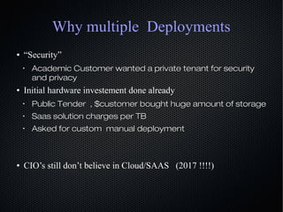 Why multiple Deployments
● “Security”
•
Academic Customer wanted a private tenant for securityAcademic Customer wanted a p...