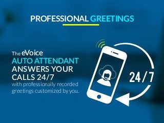 The eVoice
AUTO ATTENDANT
ANSWERS YOUR
CALLS 24/7
with professionally recorded
greetings customized by you.
PROFESSIONAL G...