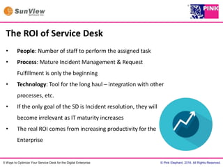 © Pink Elephant, 2016. All Rights Reserved.5 Ways to Optimize Your Service Desk for the Digital Enterprise
The ROI of Service Desk
• People: Number of staff to perform the assigned task
• Process: Mature Incident Management & Request
Fulfillment is only the beginning
• Technology: Tool for the long haul – integration with other
processes, etc.
• If the only goal of the SD is Incident resolution, they will
become irrelevant as IT maturity increases
• The real ROI comes from increasing productivity for the
Enterprise
 