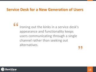 18
Service Desk for a New Generation of Users
Ironing out the kinks in a service desk's
appearance and functionality keeps
users communicating through a single
channel rather than seeking out
alternatives.
 