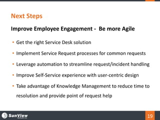 19
Next Steps
• Get the right Service Desk solution
• Implement Service Request processes for common requests
• Leverage automation to streamline request/incident handling
• Improve Self-Service experience with user-centric design
• Take advantage of Knowledge Management to reduce time to
resolution and provide point of request help
Improve Employee Engagement - Be more Agile
 