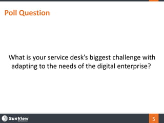 Poll Question
5
What is your service desk’s biggest challenge with
adapting to the needs of the digital enterprise?
 