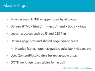 Master Pages 
 Provides main HTML wrapper used by all pages 
 Defines HTML <html />, <head /> and <body /> tags 
 Loads resources such as JS and CSS files 
 Defines page flow and shared page components 
 Header, footer, logo, navigation, suite bar / ribbon, etc. 
 Uses ContentPlaceHolders for replaceable areas 
 OOTB, no longer uses tables for layout! 
@EricOverfield - pixelmill.com 
 