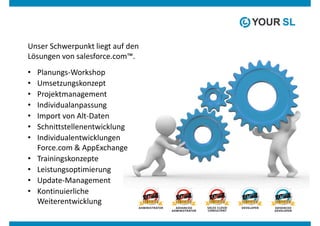 Unser Schwerpunkt liegt auf den
Lösungen von salesforce.com™.
•   Planungs-Workshop
•   Umsetzungskonzept
•   Projektmanagement
•   Individualanpassung
•   Import von Alt-Daten
•   Schnittstellenentwicklung
•   Individualentwicklungen
    Force.com & AppExchange
•   Trainingskonzepte
•   Leistungsoptimierung
•   Update-Management
•   Kontinuierliche
    Weiterentwicklung
 