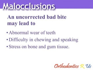 An uncorrected bad bite  may lead to Abnormal wear of teeth Difficulty in chewing and speaking Stress on bone and gum tissue. 