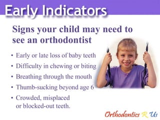 Early or late loss of baby teeth Difficulty in chewing or biting Breathing through the mouth Thumb-sucking beyond age 6 Crowded, misplaced  or blocked-out teeth. Signs your child may need to  see an orthodontist 