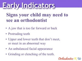 Signs your child may need to  see an orthodontist A jaw that is too far forward or back Protruding teeth Upper and lower teeth that don’t meet,  or meet in an abnormal way An unbalanced facial appearance Grinding or clenching of the teeth. 