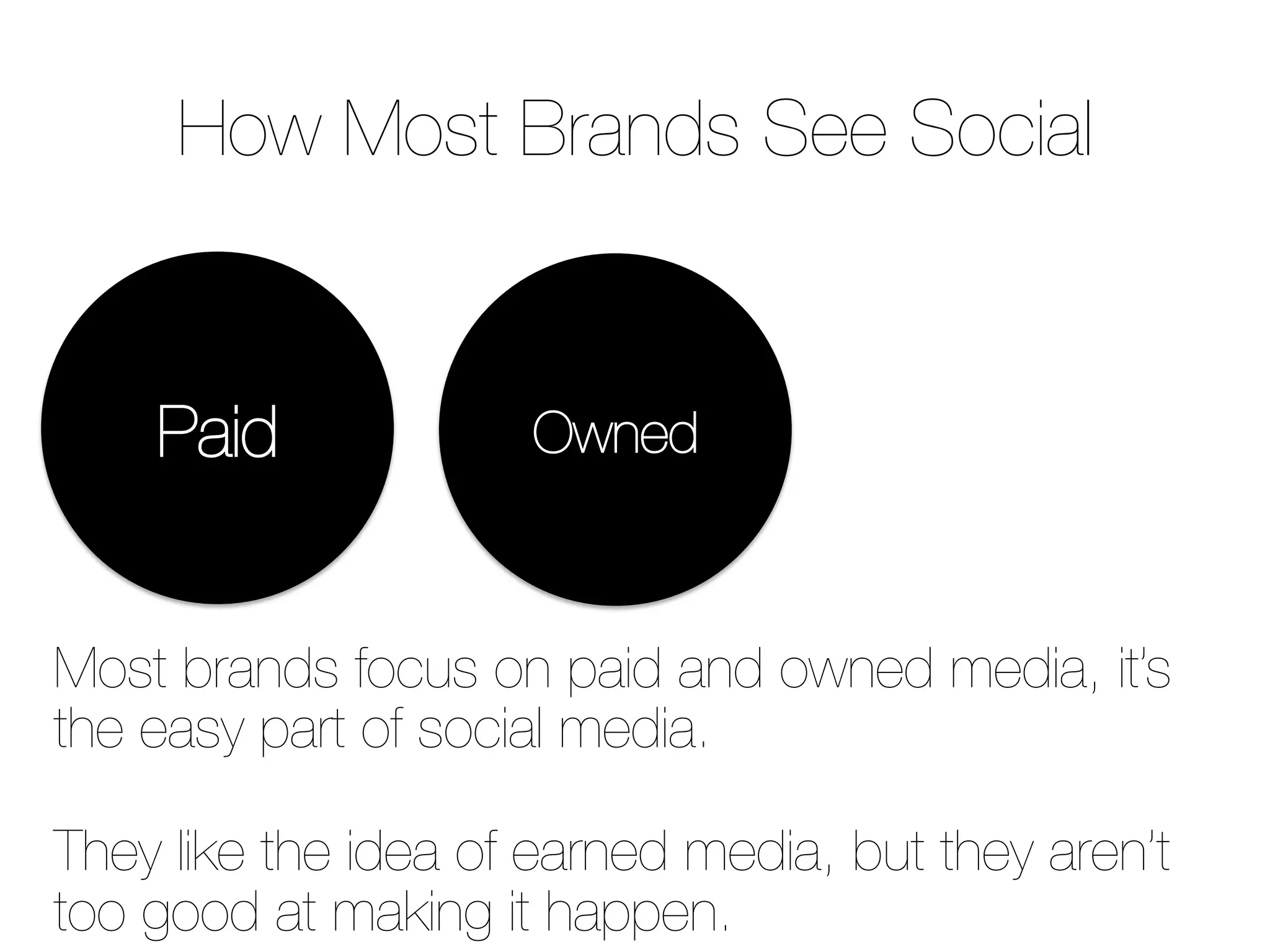 How Most Brands See Social
Most brands focus on paid and owned media, it’s
the easy part of social media. 

They like the idea of earned media, but they aren’t
too good at making it happen.
Paid
 Owned
 