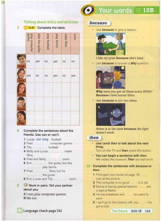 Talking about skills and abilities
Q 3.41 Complete the table.
8 Complete the sentences about the
friends. Use can or can't.
1 Lucas c<m ploy football.
2 Fred computer games.
3 Tilly football.
4 Molly and Lucas make
films.
5 Fred and Molly swim.
6 Erin the guitar, but she
play tennis.
7 Fred films, but he
the guitar.
8 Erin, Lucas and Tilly swim.
Cfr Work in pairs. Tell your partner
about you.
A I can play computer games.
B Me too.
Language check page 142
&
^/osbquM^
wTTj M M rds 10B
play
computer
games
play
the
guitar
play
football
play
tennis
make
films
swim
« ?
Fred
no yes no yes no no
Erin
n
Molly
1' 'A
Lucas
yes no no yes no yes
Erin
n
Molly
1' 'A
Lucas
Erin
n
Molly
1' 'A
Lucas
W '
Tilly
because
>mm I mu'.w—
• Use because to give a reason.
I like my gran because she's kind.
Use because to answer a Why question.
Why have you got all these scary DVDs?
Because I love horror films.
Use because to join two ideas.
D .
IW
Adam is in the dark because the light
doesn't work.
then
• Use (and) then to talk about the next
thing.
Turn on the TV and then press this
• You can begin a sentence with then.
We visited the museum. Then we ha
Complete the sentences with because or
then.
1 First open your books at page 18,
look at the picture.
2 This computer is no good it is old.
3 Emma is having special lessons she
is bad at Maths.
4 He has breakfast and he walks to
work.
5 I can't go to the cinema with you I've
got a cold.
The future Unit 10 115
 