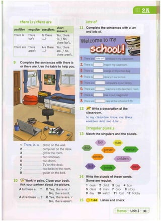 H Q S I
there is /there are
positive negative questions
short
answers
there is there Is there Yes, there
isn't is. / No,
there isn't.
there are there Are there Yes, there
aren't 7
are. / No,
there aren't.
Complete the sentences with there is
or there are. Use the table to help you.
1 /
/ /
1 There Is & photo on the wall.
2 computer on the desk.
3 girl in the room,
4 two windows.
5 two doors.
6 TV on the desk.
7 two beds in the room.
8 guitar on the bed.
10 Cfr Work in pairs. Close your book.
Ask your partner about the picture.
A Is there a ... ? B Yes, there is. /
No, there isn't.
A Are there ... ? B Yes, there are. /
No, there aren't.
lots of
Complete the sentences with a, an
and lots of.
Welcome to my S ^ ^
a i s j
-mmm n ^m u^f (gP^p. yjlMg!^
1 There areJ lots o-f windows in my classroom.
2. There is
map in my classroom.
: There is Drange in my school bag.
At There is ibrary in our school.
5 There are
computers in our library.
G There are
teachers in the teachers' room.
I There is ree in our playground.
& There are cars at the school at 3.00.
2 ^ Write a description of the
classroom.
In my classroom there are three
windows and one door ...
Irregular plurals
13 Match the singulars and the plurals.
man
foot
6 ^ person woman
w o m & n children
fetf people men
14 Write the plurals of these words.
Some are regular.
1 desk 2 child 3 bus 4 boy
5 class 6 man 7 door 8 story
9 day 10 watch 11 foot 12 hobby
15 1.44 Listen and check.
 