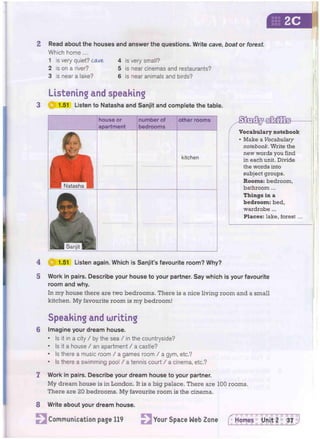 2C
2 Read about the houses and answer the questions. Write cave, boat or forest.
Which home ...
1 is very quiet? cave 4 is very small?
2 is on a river? 5 is near cinemas and restaurants?
3 is near a lake? 6 is near animals and birds?
Listening and speaking
3 1.51 Listen to Natasha and Sanjit and complete the table.
Vocabulary notebook
• Make a Vocabulary
notebook. Write the
new words you find
in each unit. Divide
the words into
subject groups.
Rooms: bedroom,
bathroom...
Things in a
bedroom: bed,
wardrobe ...
Places: lake, forest...
4 0 1.51 Listen again. Which is Sanjit's favourite room? Why?
5 Work in pairs. Describe your house to your partner. Say which is your favourite
room and why.
In my house there are two bedrooms. There is a nice living room and a small
kitchen. My favourite room is my bedroom!
Speaking and writing
6 Imagine your dream house.
• Is it in a city / by the sea / in the countryside?
• Is it a house / an apartment / a castle?
• Is there a music room / a games room / a gym, etc.?
• Is there a swimming pool / a tennis court / a cinema, etc,?
Z Work in pairs. Describe your dream house to your partner.
My dream house is in London. It is a big palace. There are 100 rooms.
There are 20 bedrooms. My favourite room is the cinema.
8 Write about your dream house.
Communication page 119 Your Space Web Zone (Homes Unit 2 37
 